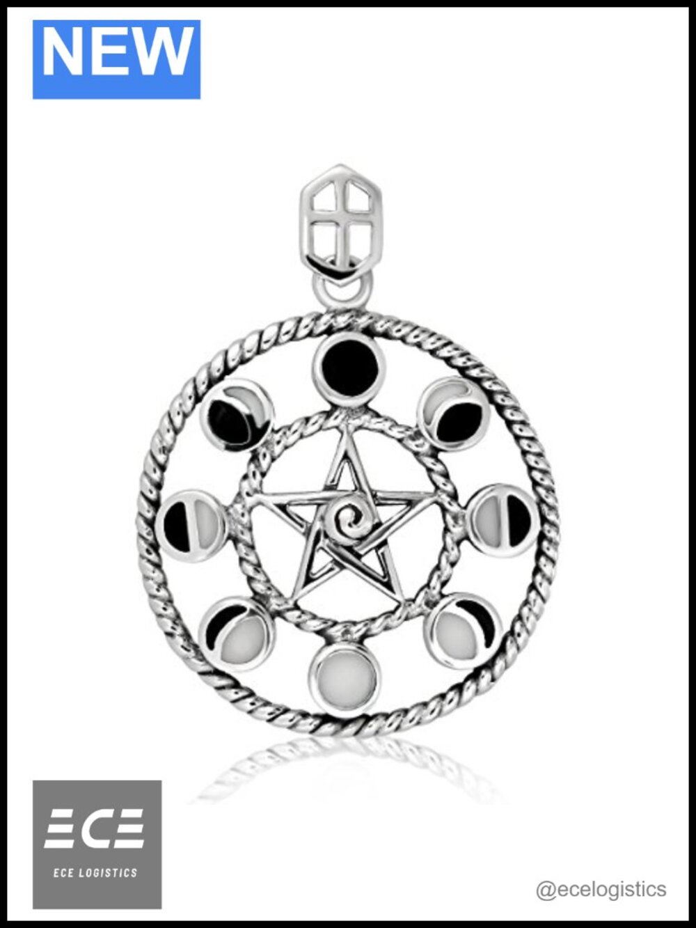 925 Sterling Silver Moon Phase Star Pentacle Pendant Necklace